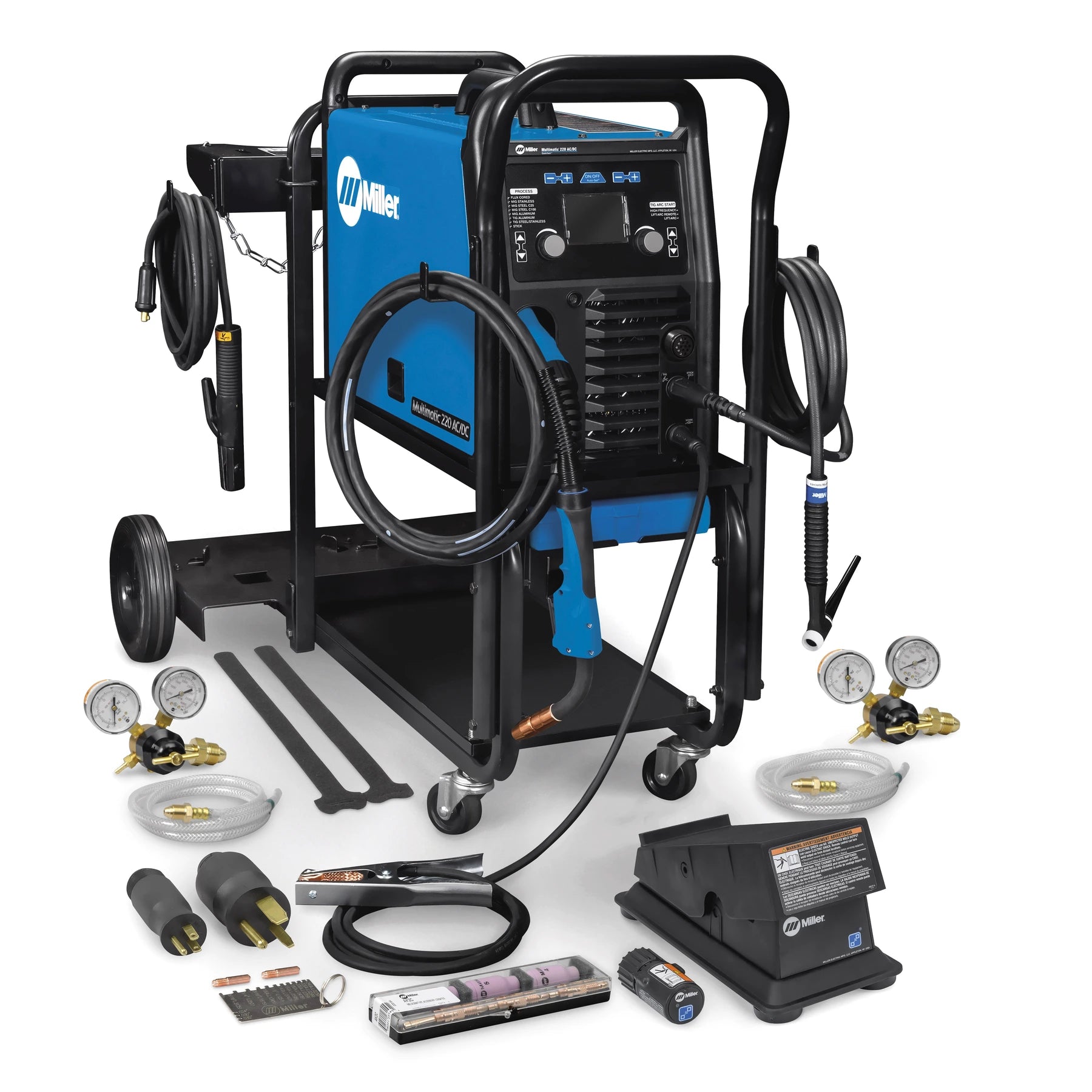 Miller Multimatic 220 AC/DC Multiprocess Welder w/ Dual Cylinder Running Gear & Wireless Foot Pedal Pkg - 951000104