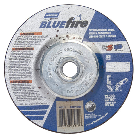 Norton BlueFire Depressed Center Wheel, 4 1/2" x 1/8"