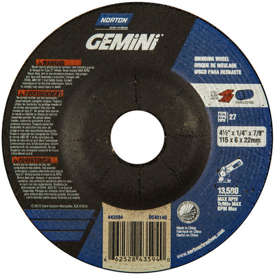 Norton Gemini Depressed Center Grinding Wheel, 4-1/2" x 1/4"