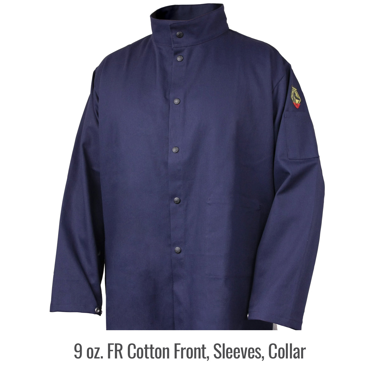 Black Stallion Stretch-Back FR Cotton Welding Jacket, Navy with Gray Stretch Panel Front View