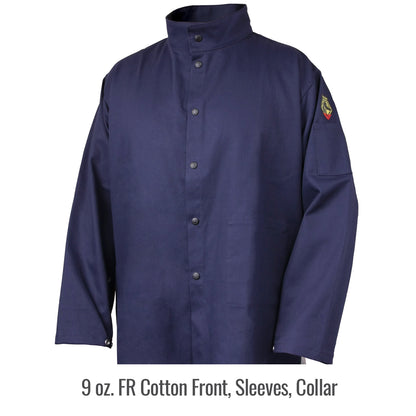 Black Stallion Stretch-Back FR Cotton Welding Jacket, Navy with Gray Stretch Panel Front View