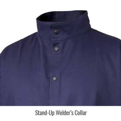 Black Stallion Stretch-Back FR Cotton Welding Jacket, Navy with Gray Stretch Panel Close Up