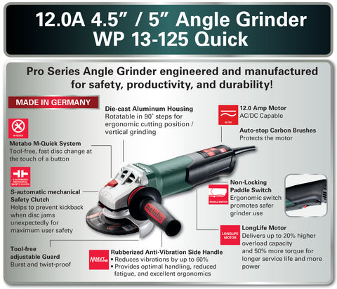 Metabo WP 13-125 Quick 4-1/2"-5" Corded Paddle Switch Angle Grinder - 603629420