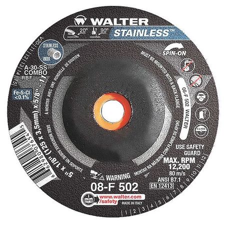 Walter STAINLESS™ Grinding Wheel 5" x 1/8" x5/8"-11 T27S GR:A30SS 08-F-502